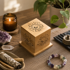 Sacred Wood Crystal Cleansing Box for Jesus Cross Pendant, Crystal Necklace & Bracelet – 4in x 4in, Free 35g California White Sage Included