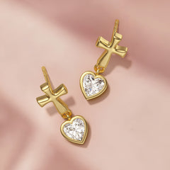 Cross Heart Shaped Bezel Dangling Earrings