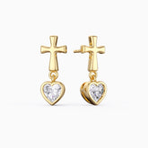 Cross Heart Shaped Bezel Dangling Earrings