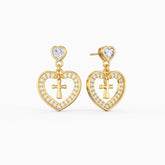 Divine Love Dangling Cross Heart Bezel Earrings