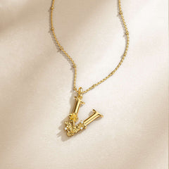Violet Blossom Letter V Pendant Necklace