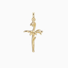 14K Solid Gold Snowdrop Birth Flower Cross Pendant