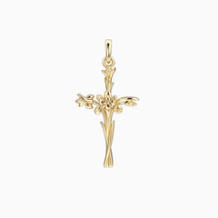 14K Solid Gold Iris Floral Cross Pendant