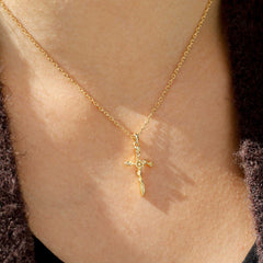 14K Solid Gold Daisy Floral Cross Pendant