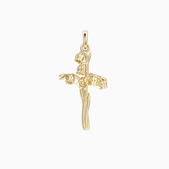 14K Solid Gold Lily of the Valley Floral Cross Pendant