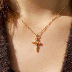 14K Solid Gold Lily of the Valley Floral Cross Pendant