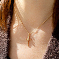 14K Solid Gold Rose Floral Cross Pendant