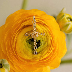 14K Solid Gold Rose Floral Cross Pendant