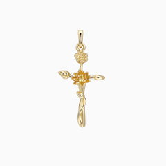 14K Solid Gold Water Lily Floral Cross Pendant