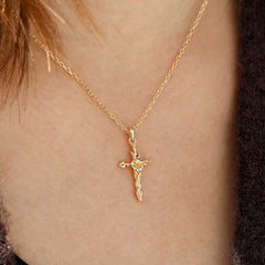14K Solid Gold Morning Glory Floral Cross Pendant