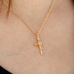 14K Solid Gold Sunflower Floral Cross Pendant