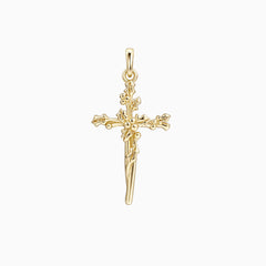 14K Solid Gold Holly Floral Cross Pendant