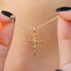 14K Solid Gold Holly Floral Cross Pendant