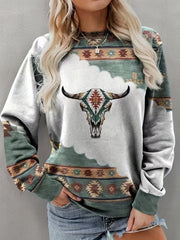 Women's Aztec Cow Skull Print Crew Neck Sweatshirt, Long Sleeve