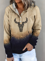 Women's Aztec Cow Head Hoodie with Drawstring and Long Sleeves