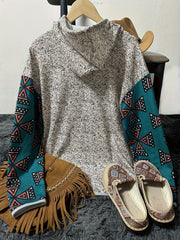 Western Ethnic Print Button Drawstring Hoodie, Vintage Long Sleeve Kangaroo Pocket Sweatshirt, Women's Clothing