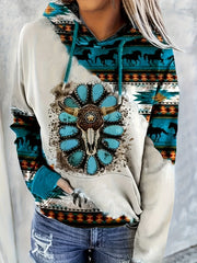 Women's Bull Skull Print Hoodie with Kangaroo Pocket, Long Sleeve & Drawstring – Casual Style for Everyday Wear