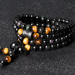 Faith Nova Natural Black Obsidian Rainbow Obsidian Gourd Blessing Bracelet Mala