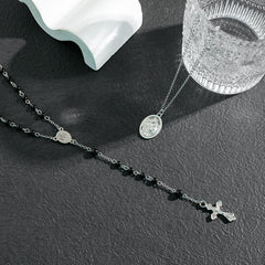 Layered Cross Black Bead Necklace