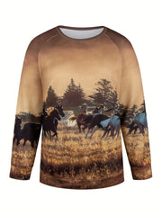 Women's Plus Size Horse Print Sweatshirt, Soft Long Sleeve Round Neck, Cozy Autumn/Winter Essential