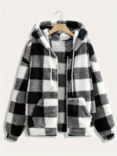Women's Plus Size Plaid Fleece Jacket – Elegant Hooded Coat with Zipper, Perfect for Autumn/Winter