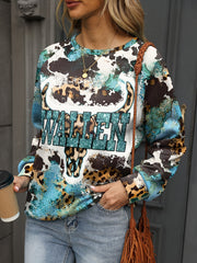 Women's Autumn/Winter Casual Sweatshirt, Leopard Bull & Letter Print Distressed Long Sleeve Pullover Lounge Top