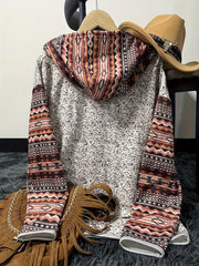 Women's Vintage Ethnic Hoodie with Geometric Print and Kangaroo Pocket