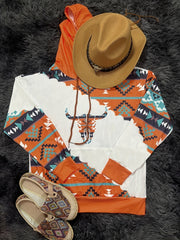 Women's Western Ethnic Print Hoodie with Kangaroo Pocket, Long Sleeve & Drawstring – Soft, Relaxed Fit for Daily Wear