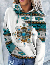 Women's Vintage Geometric Print Hoodie with Kangaroo Pocket, Drawstring, and Long Sleeves – Casual All-Season Wear