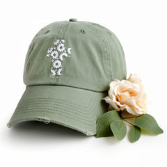 Floral Cross Distressed Hat