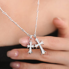 Sacred Dual Cross Heart Pendant Necklace – 925 Silver with Sparkling Stones