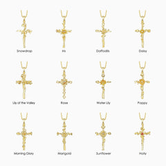 Birth Flower Cross Pendant Necklace