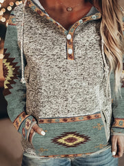 Women's Vintage Western Ethnic Print Hoodie with Drawstring, Kangaroo Pocket, and Relaxed Fit – Casual Everyday Wear