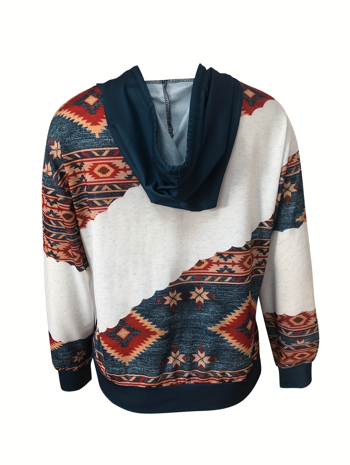 Women's Aztec Print Drawstring Hoodie with Kangaroo Pocket, Long Sleeve