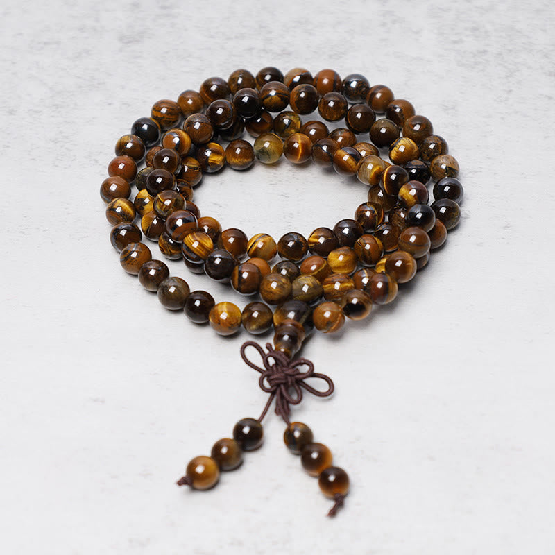 Faith Nova Tibetan 108 Natural Tiger Eye Gemstone Beads Prayer Mala Bracelet Necklace