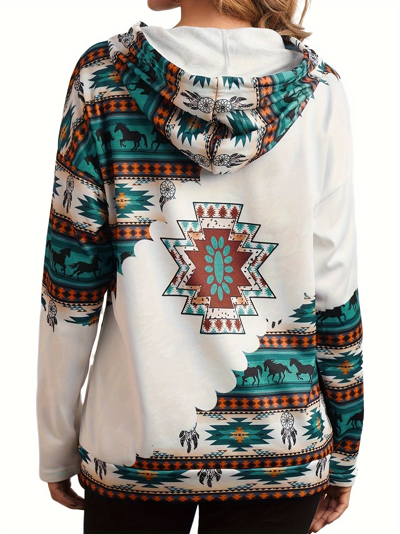 Western Ethnic Print Kangaroo Pocket Hoodie, Casual Long Sleeve Drawstring Hoodies Sweatshirt, Women's Clothing