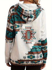 Western Ethnic Print Kangaroo Pocket Hoodie, Casual Long Sleeve Drawstring Hoodies Sweatshirt, Women's Clothing