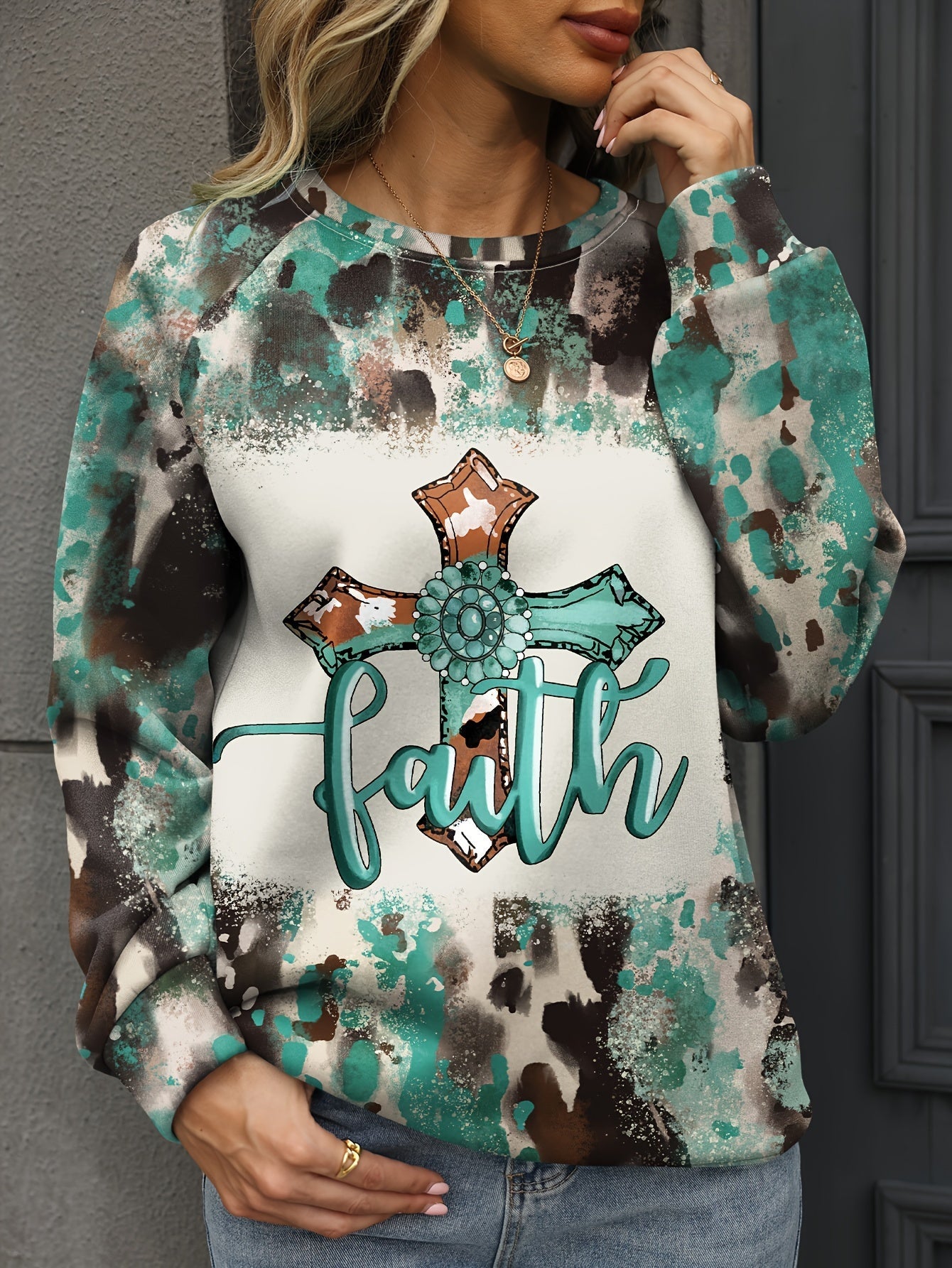 Women's Tie Dye Cross & Letter Print Lounge Top, Long Sleeve Crew Neck Sweatshirt for Fall & Winter