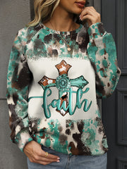 Women's Tie Dye Cross & Letter Print Lounge Top, Long Sleeve Crew Neck Sweatshirt for Fall & Winter