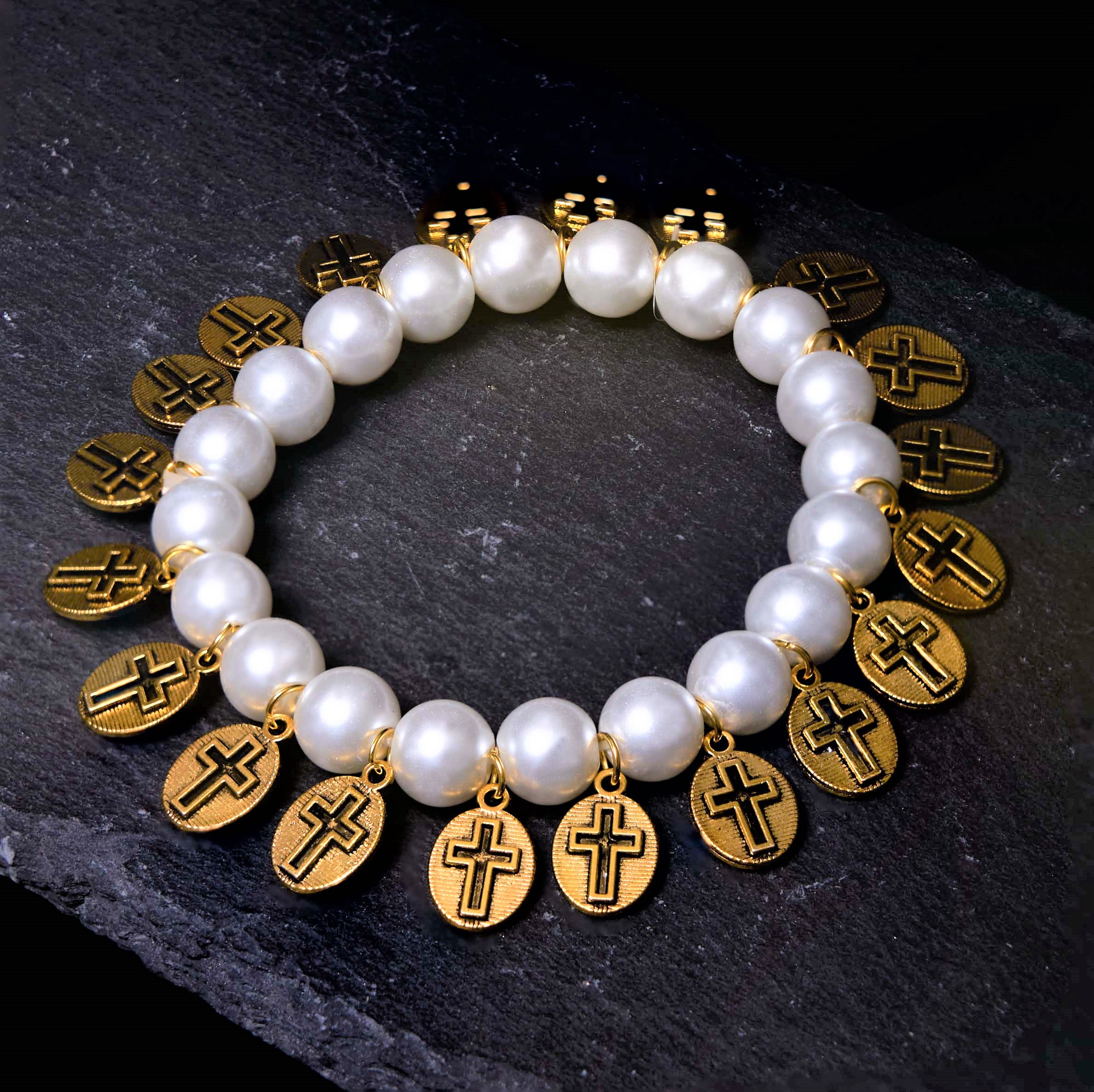 Retro Style Saint Jesus Mary Medals Cross Pearl Bracelet