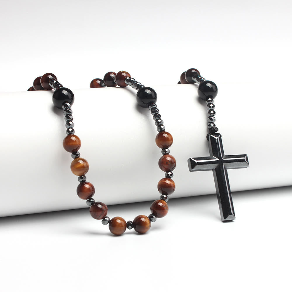 Agate/Tiger's Eye Stone Cross Catholic Rosary
