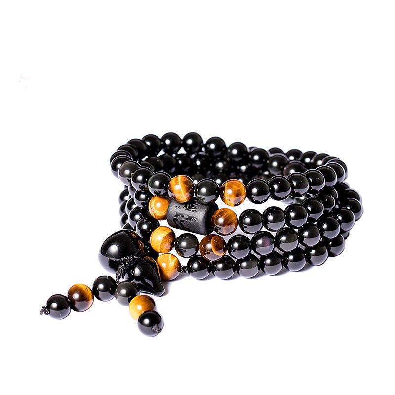 Faith Nova Natural Black Obsidian Rainbow Obsidian Gourd Blessing Bracelet Mala