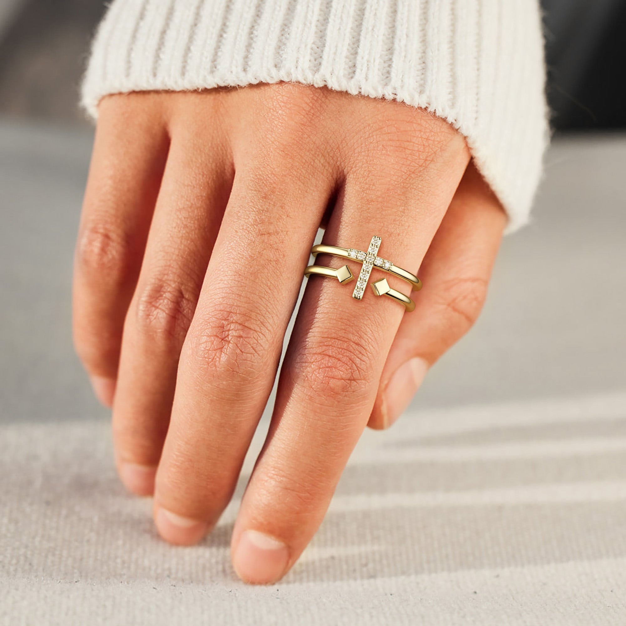 Double Zircon Cross Ring