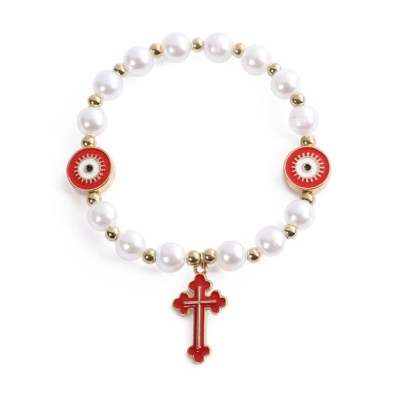 Handmade "Eyes" Beaded Cross Pearl Bracelet