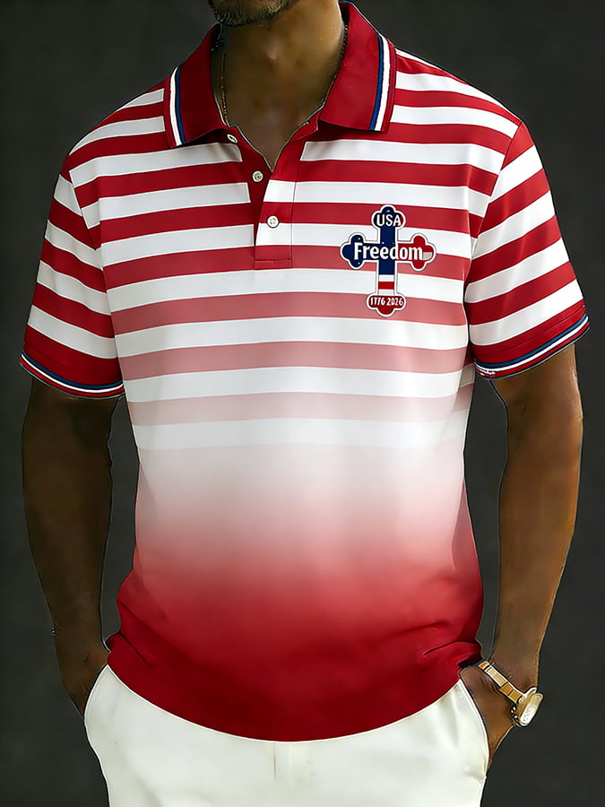 Men's Retro 250th Anniversary of the United States Print  Independence Day Cross Print Polo Shirt