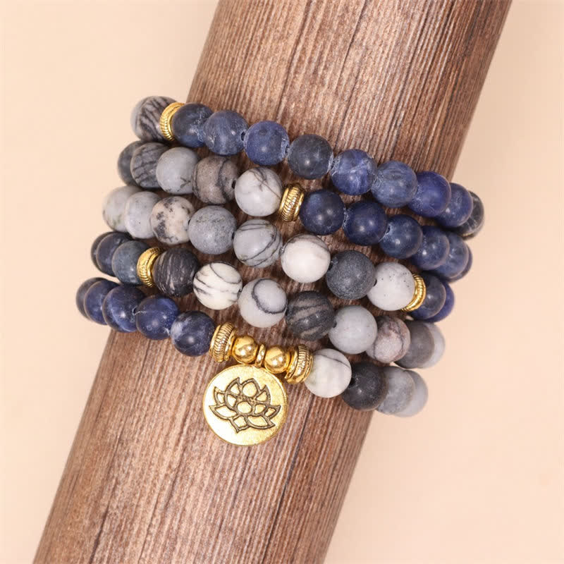 Faith Nova 108 Mala Beads Sodalite Zebra Jasper Crystal Lotus Strength Bracelet