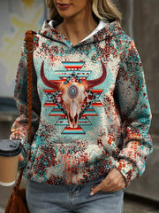 Women's Plus Size Leopard & Aztec Skull Print Hoodie with Kangaroo Pocket, Long Sleeve
