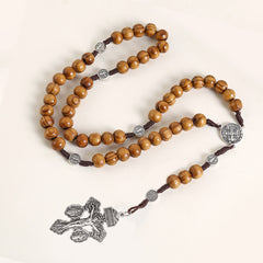 Wooden Catholic Rosary Necklace with Saint Benedict Medal & Ornate Crucifix