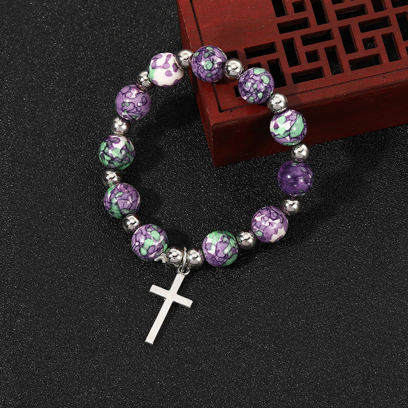 Crucifix Prayer Beaded Purple Stones Bracelet