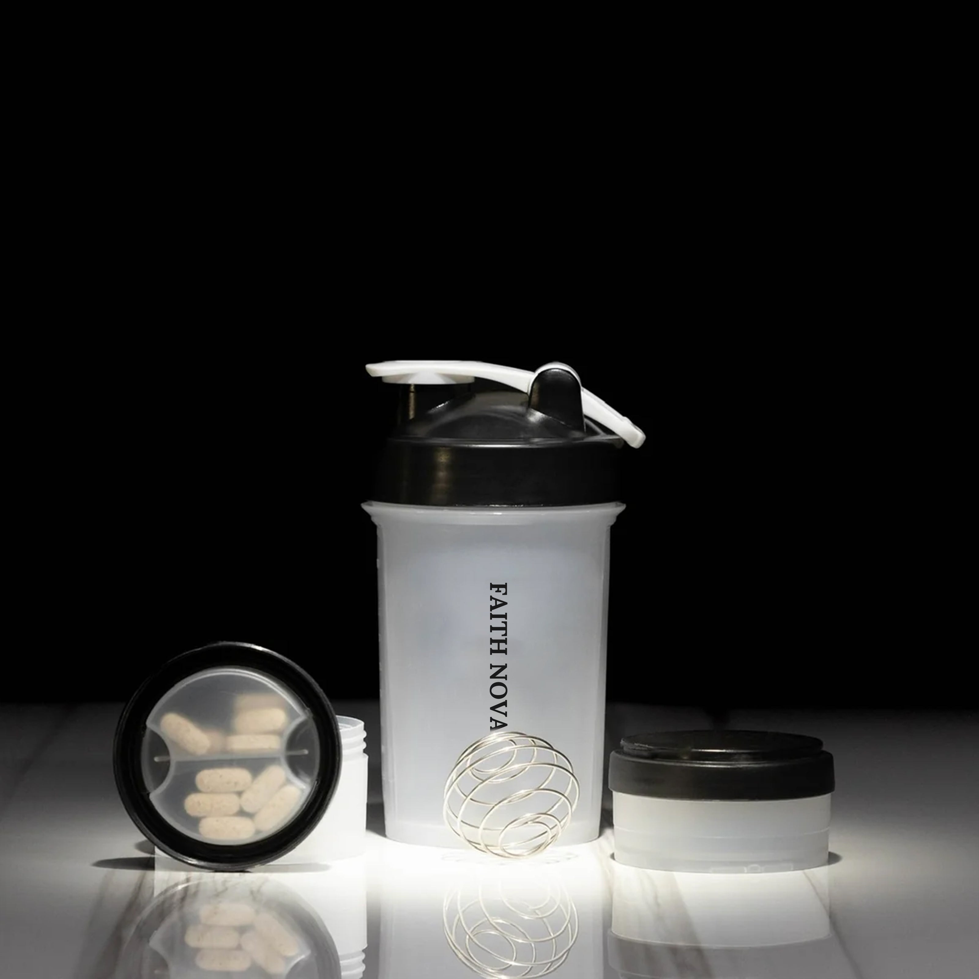 SHAKER BOTTLE WITH STORAGE COMPARTMENTS